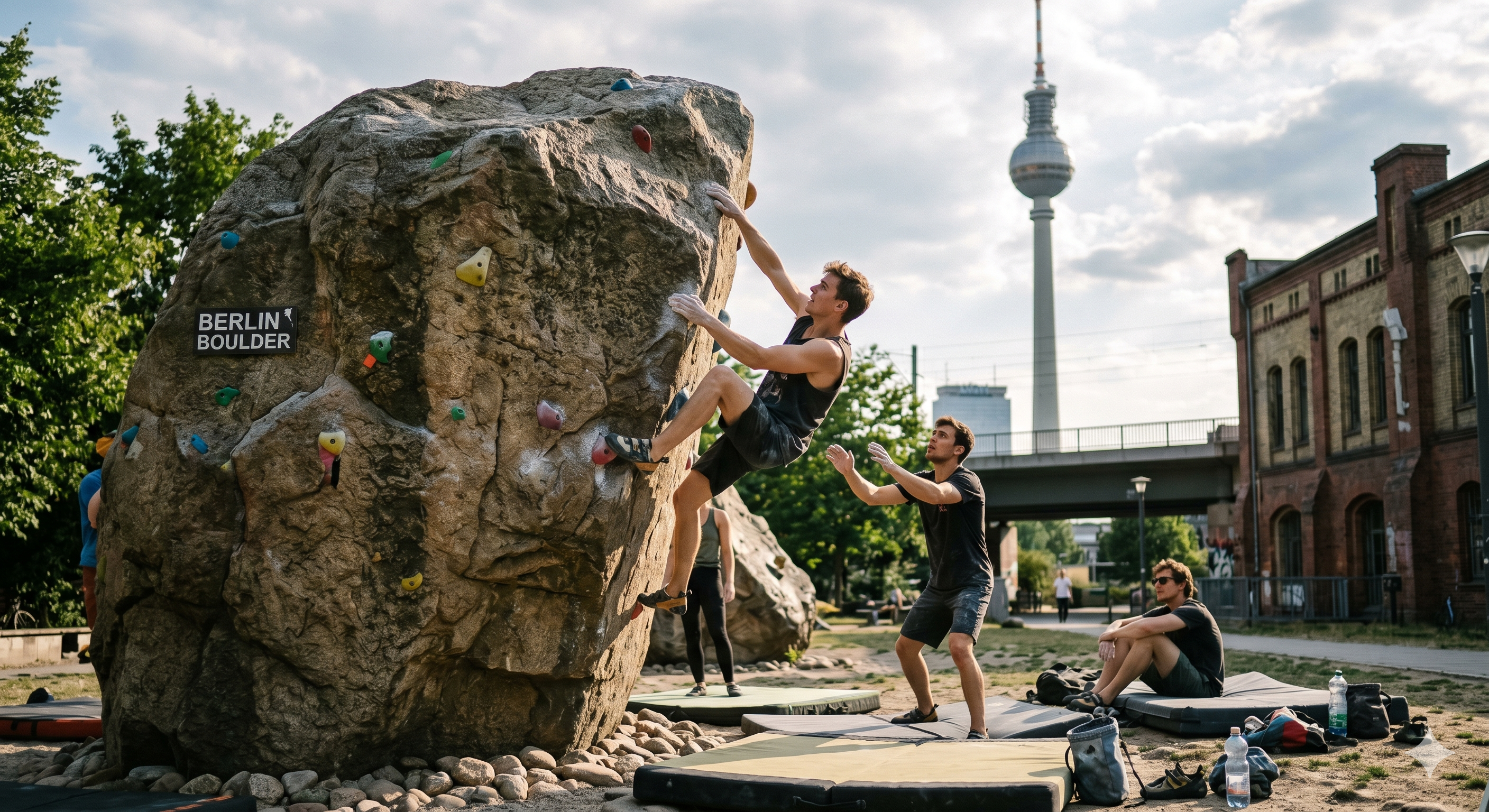 Bouldering in Berlin with the TV tower in the background